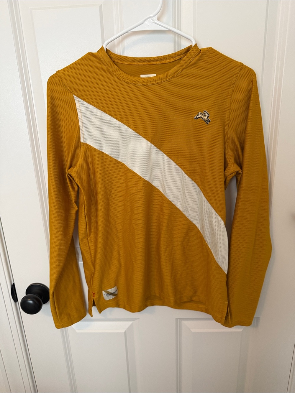Tracksmith Mustard Long-Sleeve Performance Top with White Diagonal Stripe